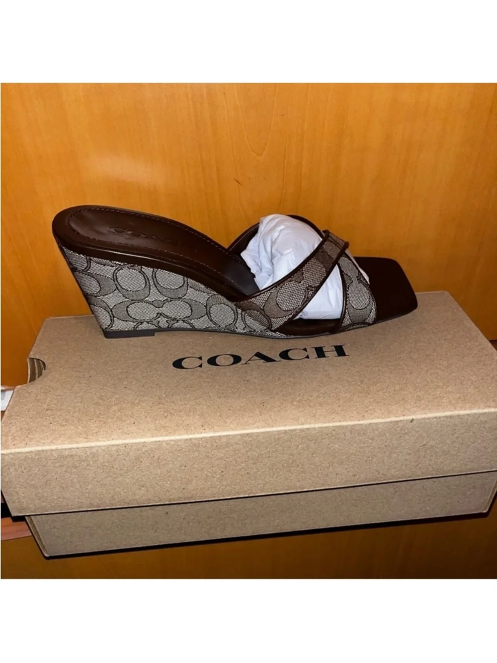 Coach Brown Signature Canvas Wedge Sandals - Picture 5 of 6